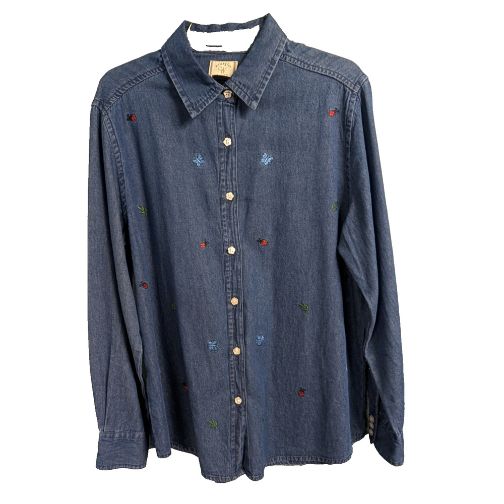 Wrangler for Women Floral Ladybug Embroidered Dark Denim Button Up Shirt Size L